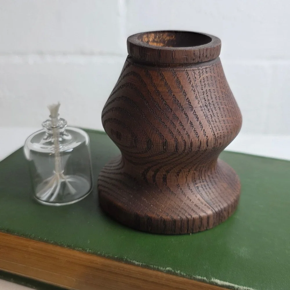 Vintage Hand Turned Oak Wood Oil Lamps Set of 2 Dark Stain Glass Reservoir
